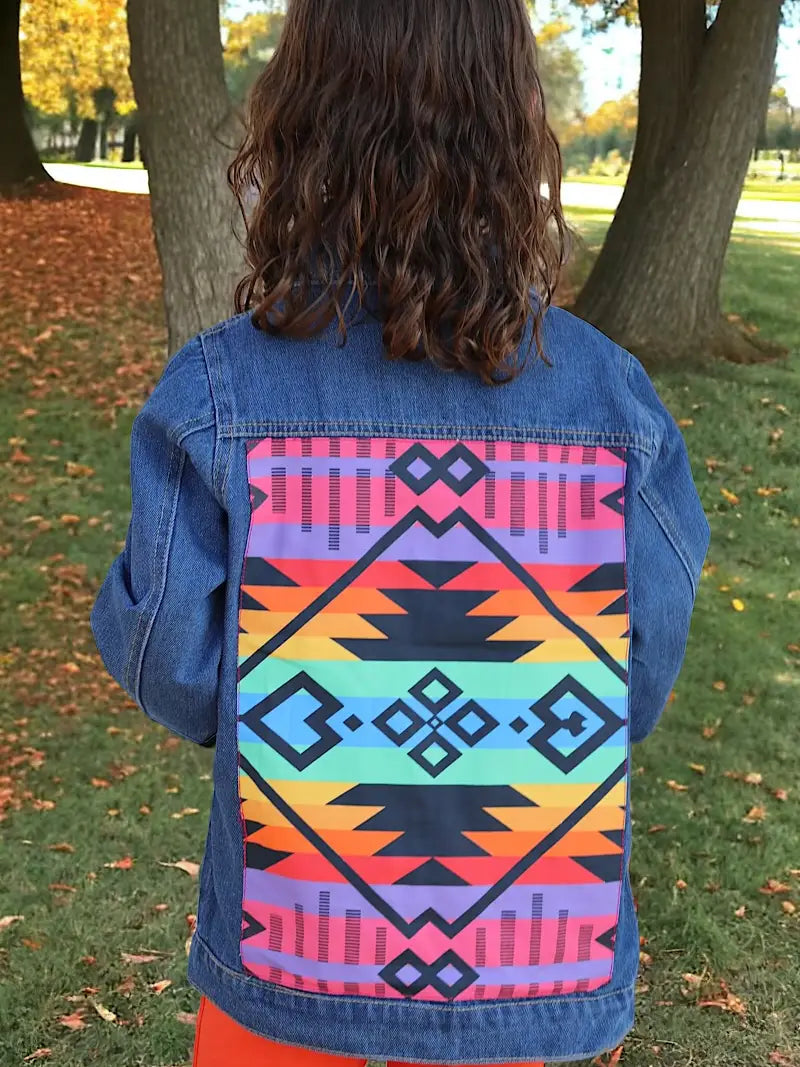 Dark Blue Denim Jacket W/Aztec Printed Back