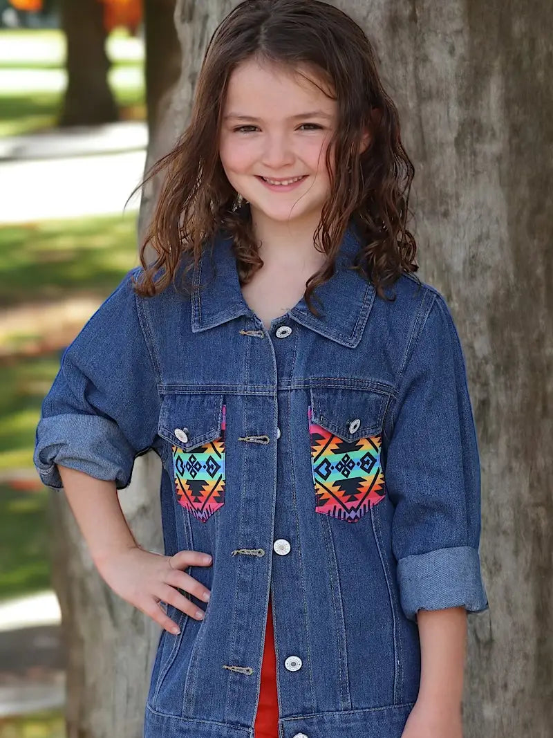 Dark Blue Denim Jacket W/Aztec Printed Back