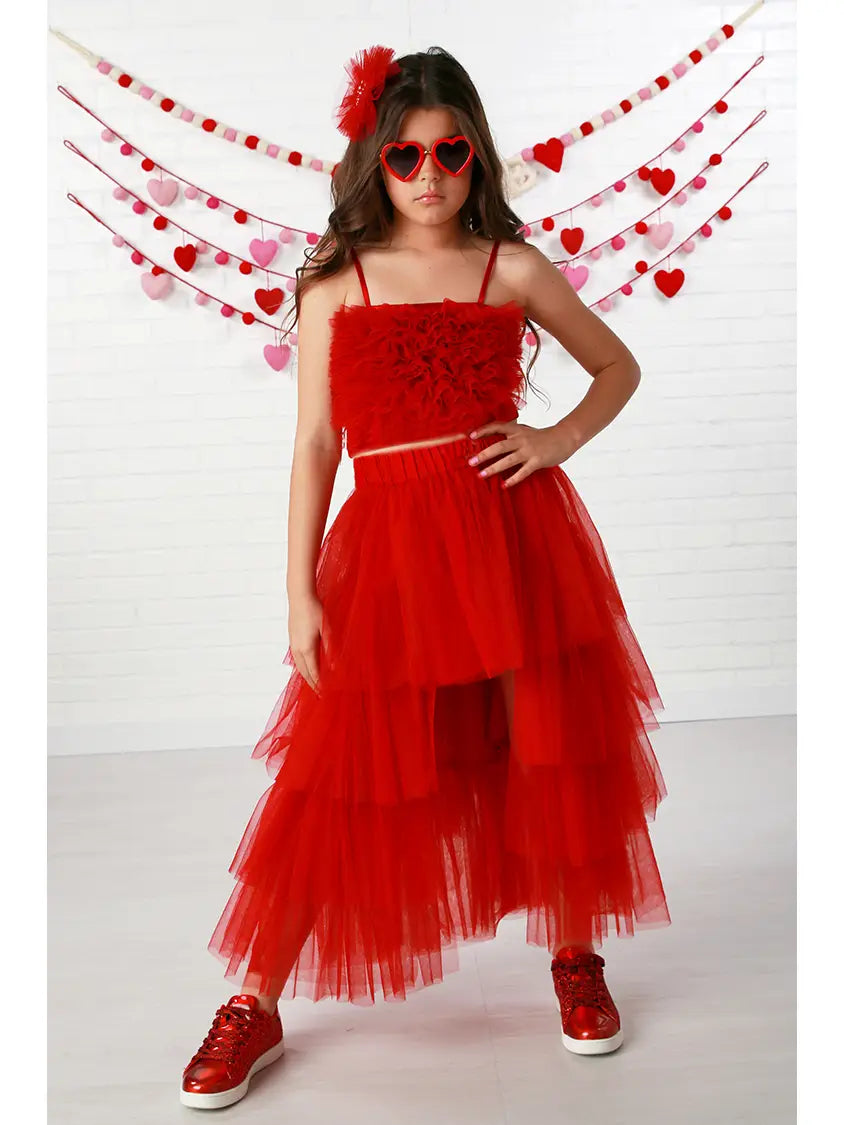Ruby Piaf Red Tulle High-Low Skirt Set