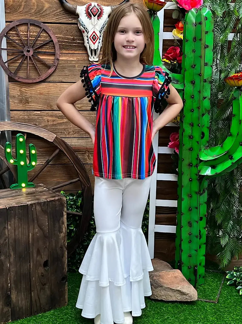 Serape Printed Tunic with Black Pom Pom Trim