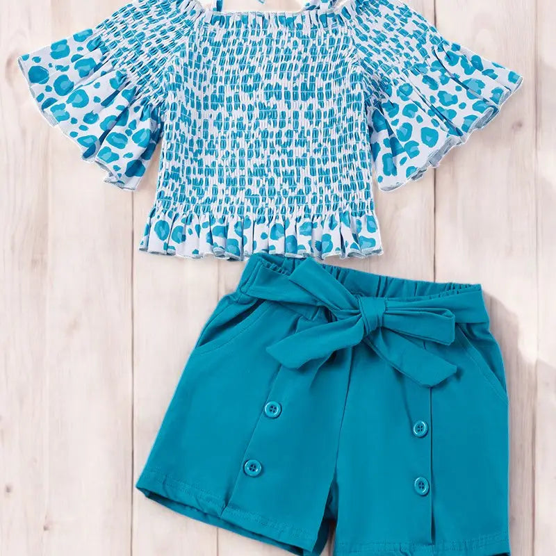 Leopard Teal Top and Shorts Set